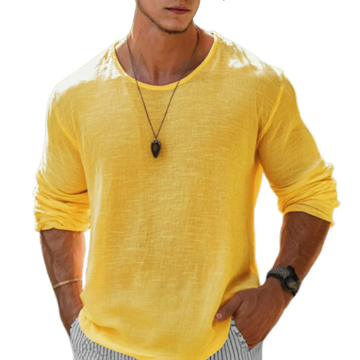 Men's breathable cotton linen long sleeve T-shirt shown from the back