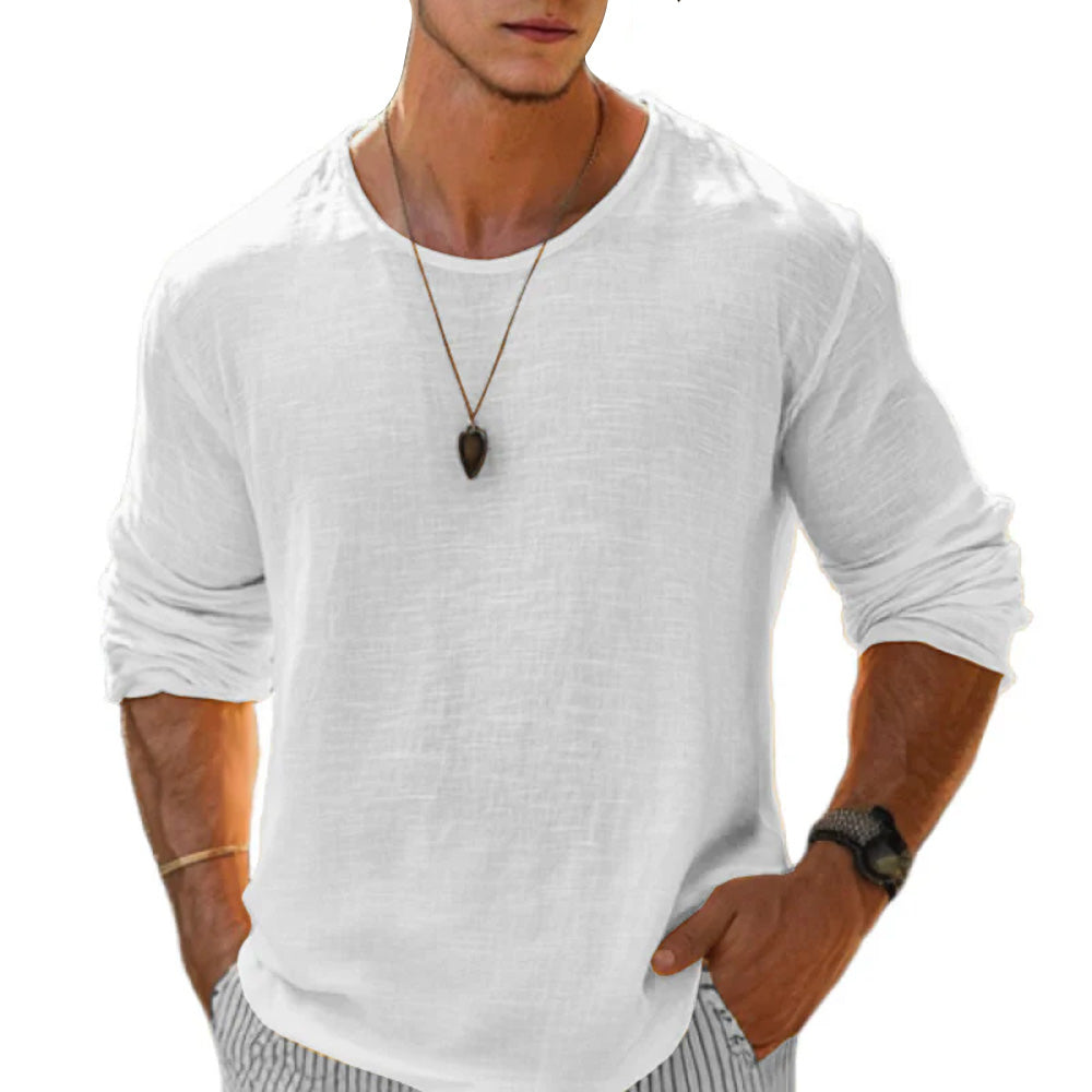 Close-up of the cotton linen fabric on the men's relaxed fit long sleeve T-shirt