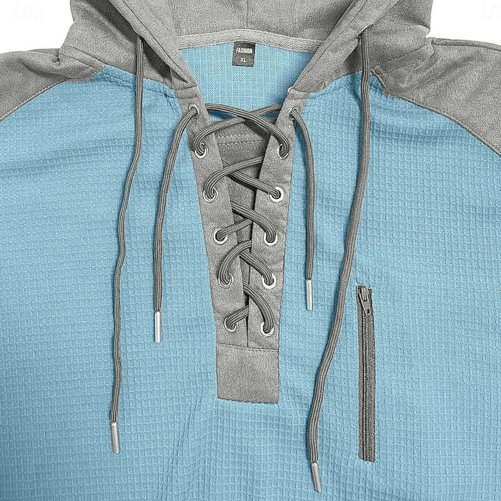 Men's hooded jumper with a lace-up neckline shown at the front