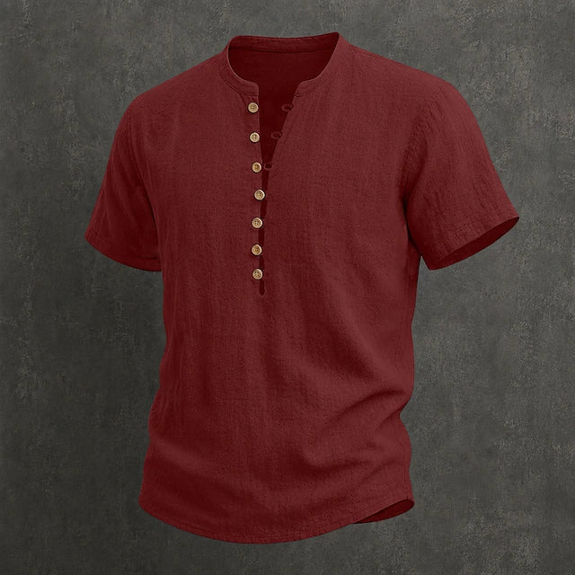 Close-up of button fastening on the men's linen band collar shirt