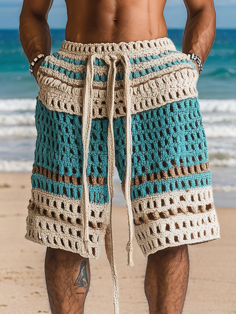 Men's Crochet Knit Drawstring Shorts Beach Style