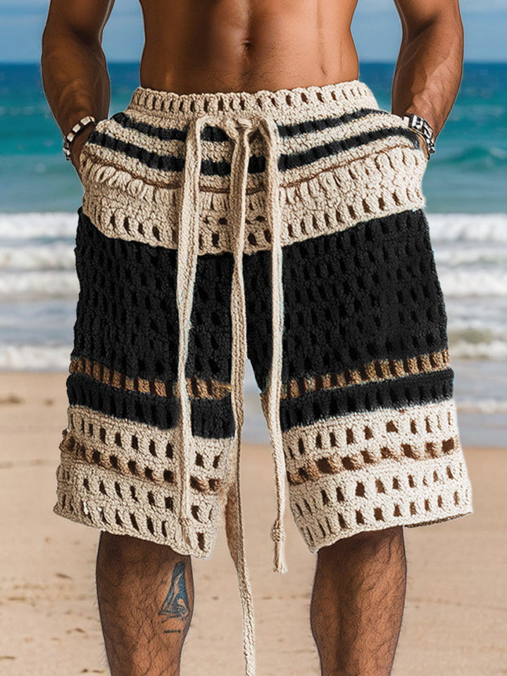 Men's crochet knit drawstring shorts shown from the back