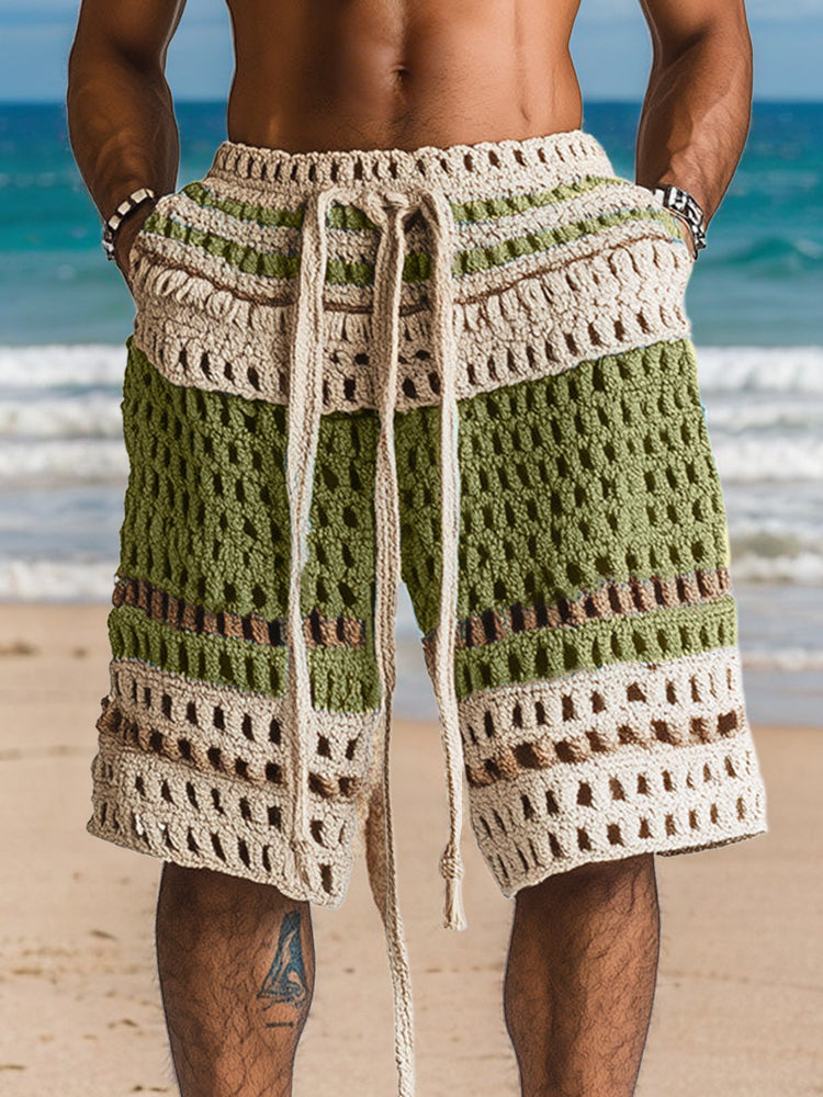Close-up of the crochet knit texture on men's drawstring shorts