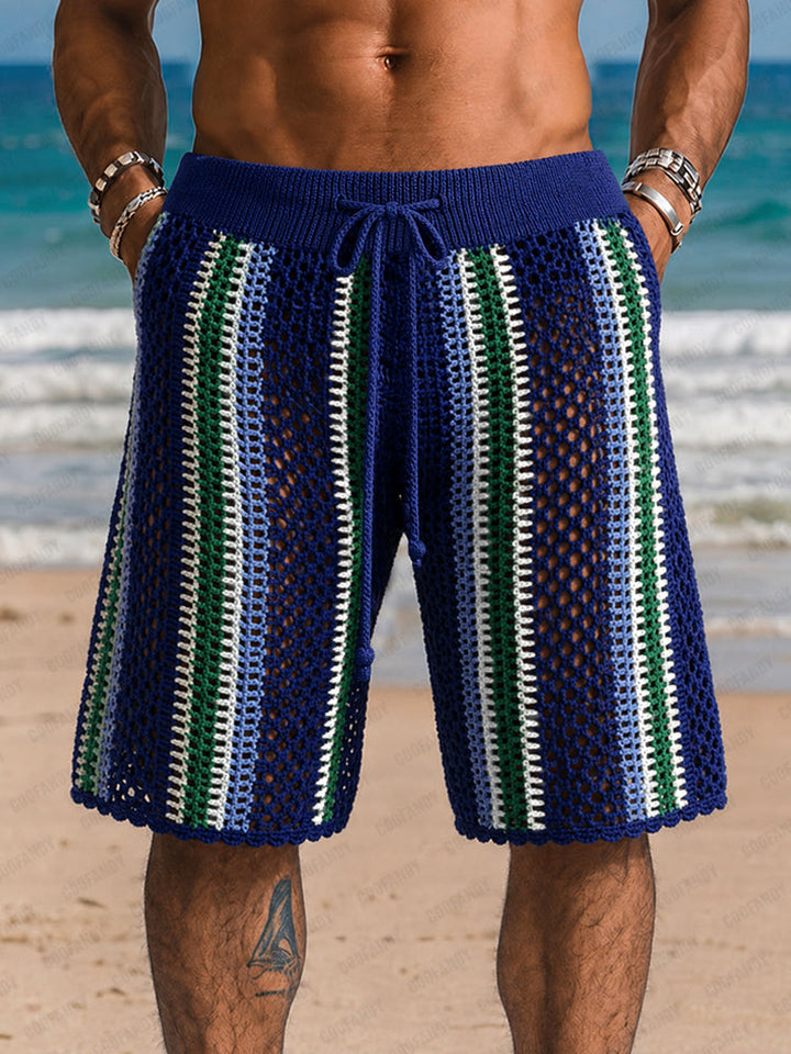 Men's crochet knit shorts styled for a casual beach outfit