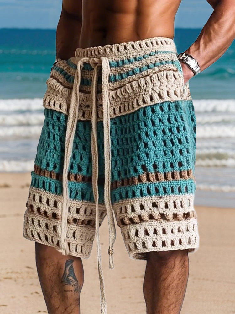 Men's beach-style crochet knit shorts laid flat