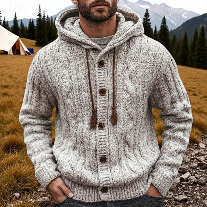 Front view of a men's cable knit hooded cardigan
