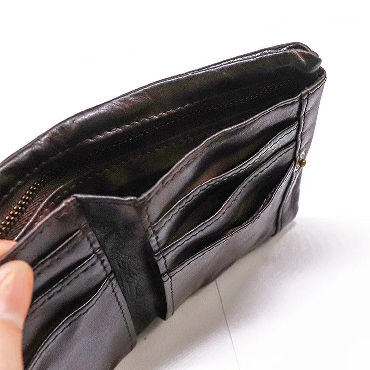 Leather Folded Wallet With Brass Snap Closure