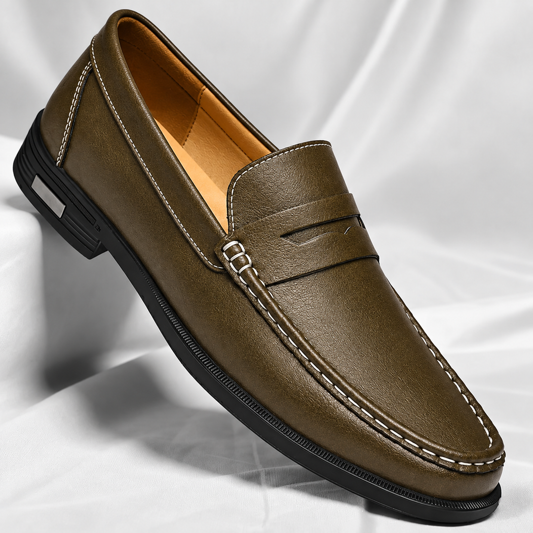 Men's leather penny loafers showing the slip-on opening