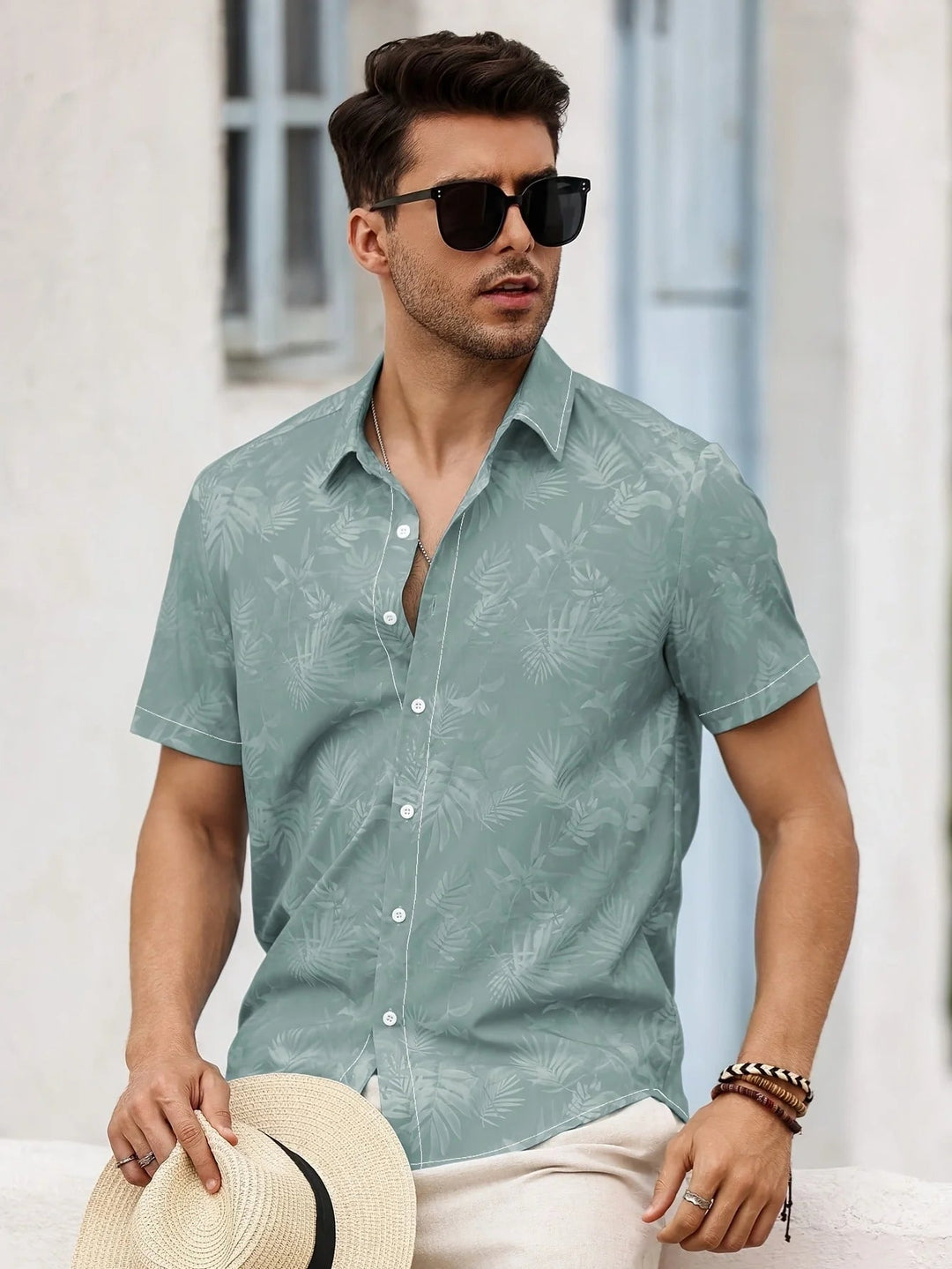 Men's Tropical Print Fitted Short-Sleeve Shirt Light Green