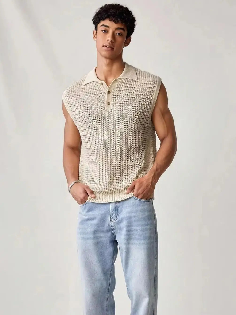 Men's Sleeveless Knit Polo Shirt Pointelle Detail Black