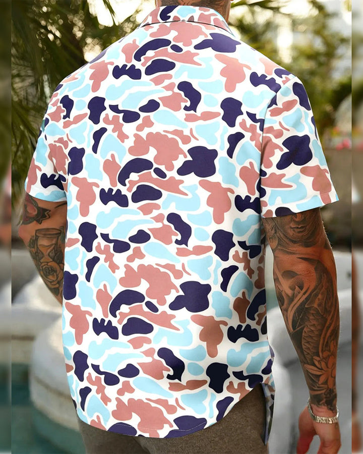 Close-up of camouflage pattern on men's short sleeve shirt