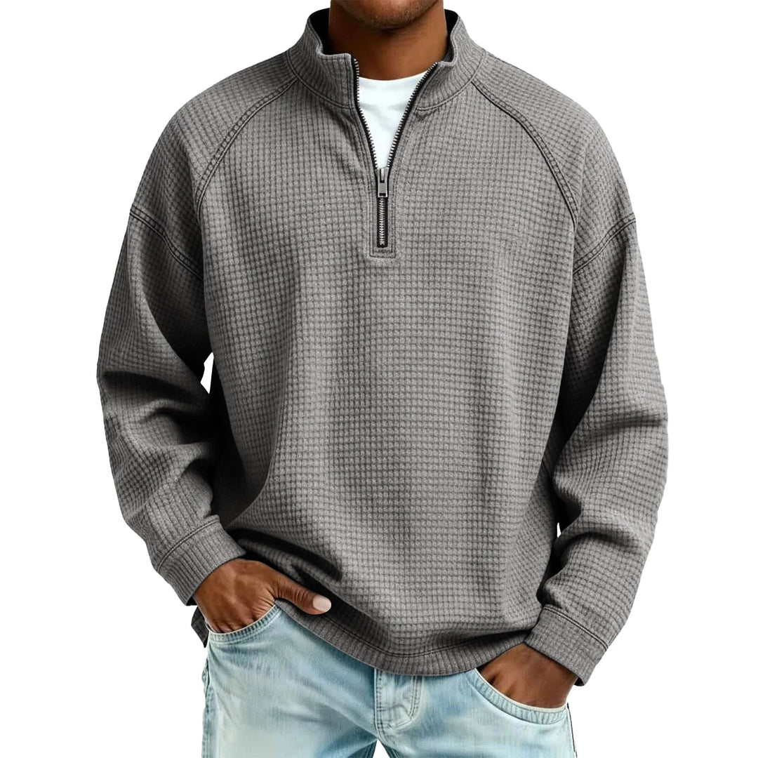 Men Waffle Knit Quarter Zip Pullover Loose Fit Casual Top