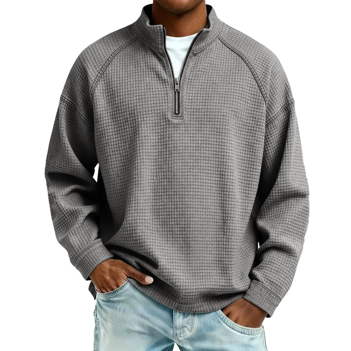 Men Waffle Knit Quarter Zip Pullover Loose Fit Casual Top