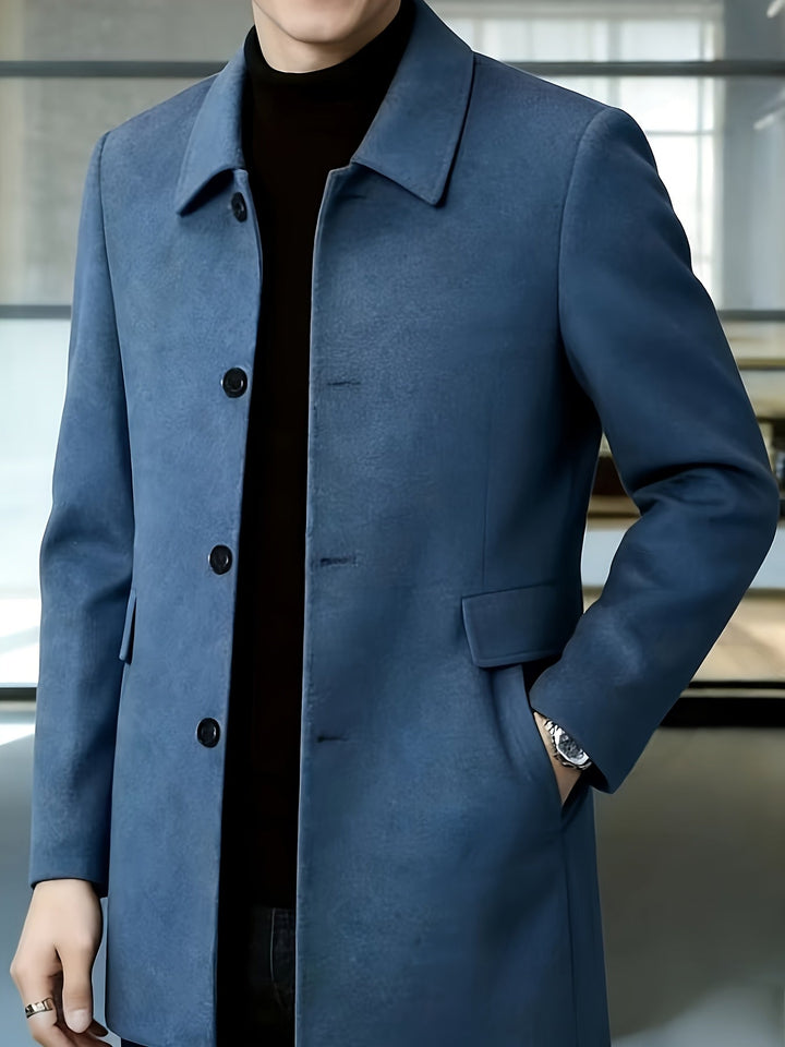 Classic men's long coat presented as a versatile outerwear piece