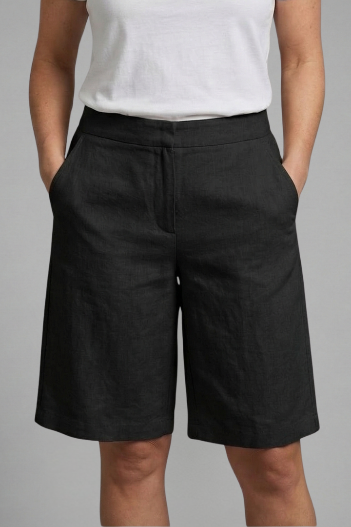 Women's knee-length shorts with straight legs shown from the back