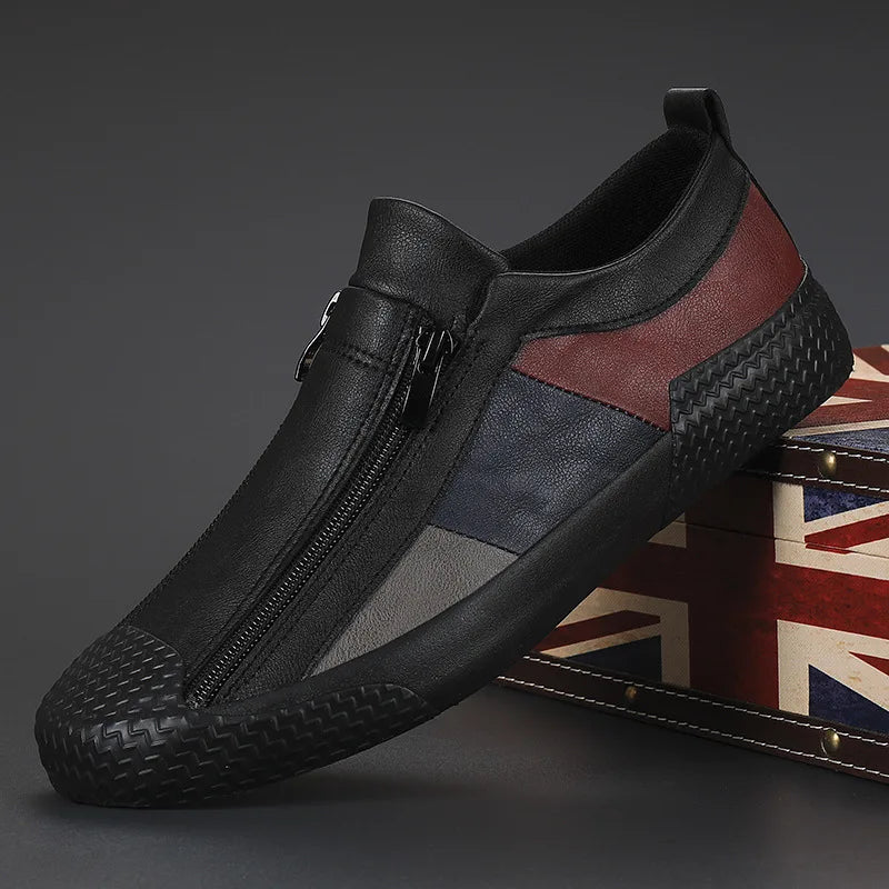 Side view of men's leather colourblock sneakers with contrasting panels