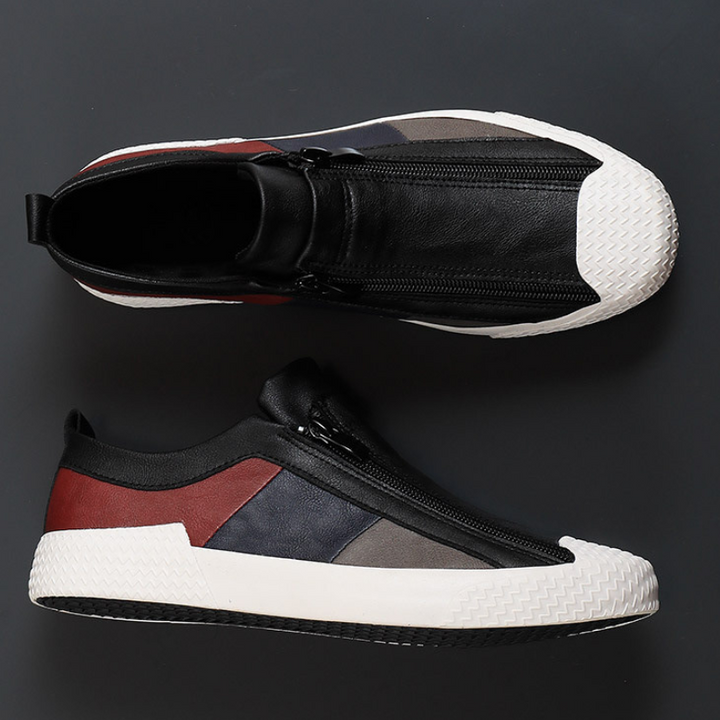 Rear view of men's leather colourblock sneakers showing heel detail