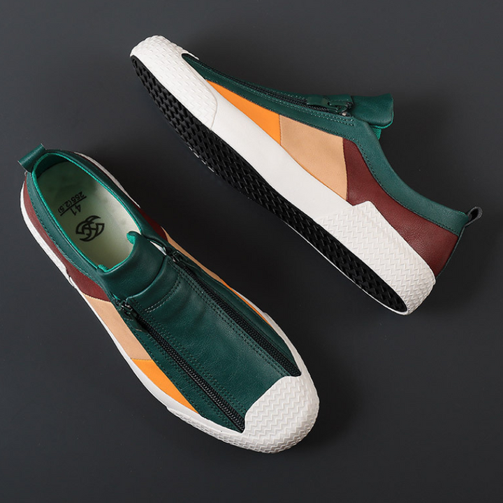 Men's leather colourblock sneakers worn with casual outfit for everyday styling