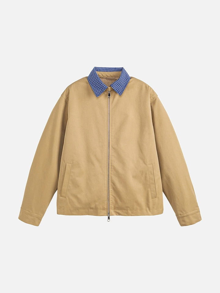 Men's relaxed-fit zip jacket with gingham pointed collar, front view