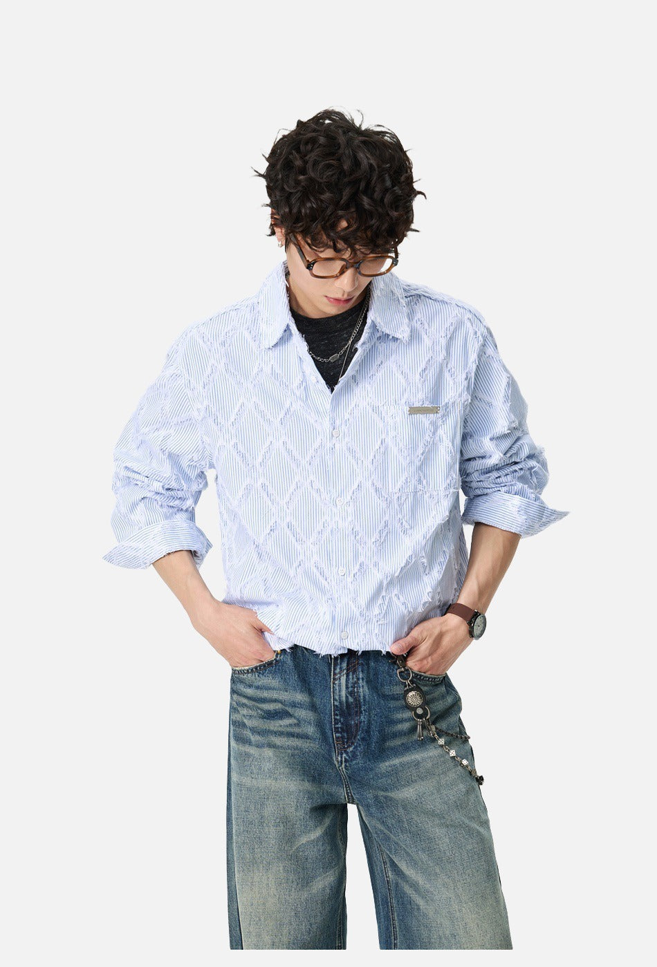 Men's geometric textured shirt with distressed pinstripe pattern