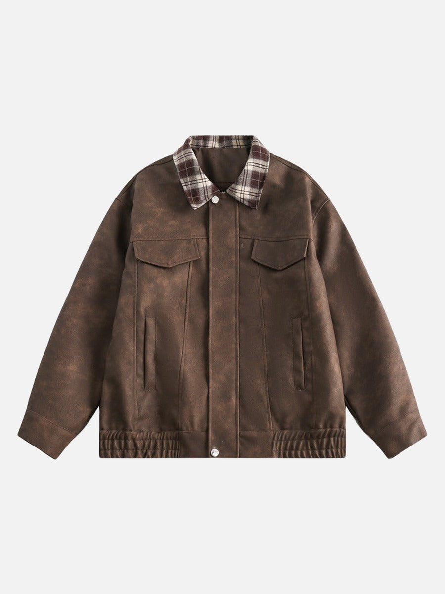 Men's Leather Bomber Jacket With Plaid Collar