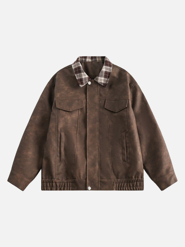 Men's Leather Bomber Jacket With Plaid Collar