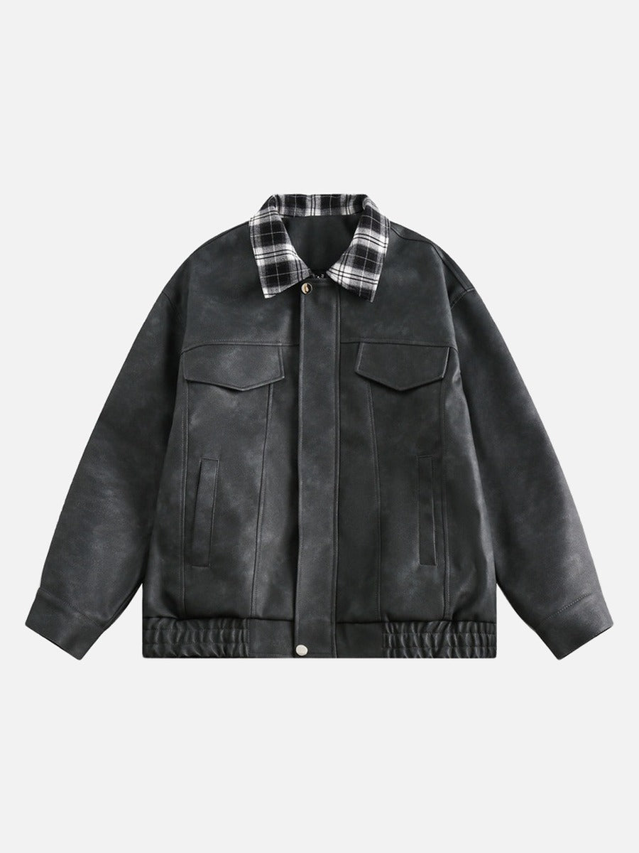 Men's Leather Bomber Jacket With Plaid Collar