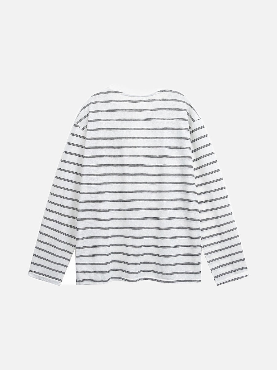 Men's white horizontal stripe Henley shirt shown from the back