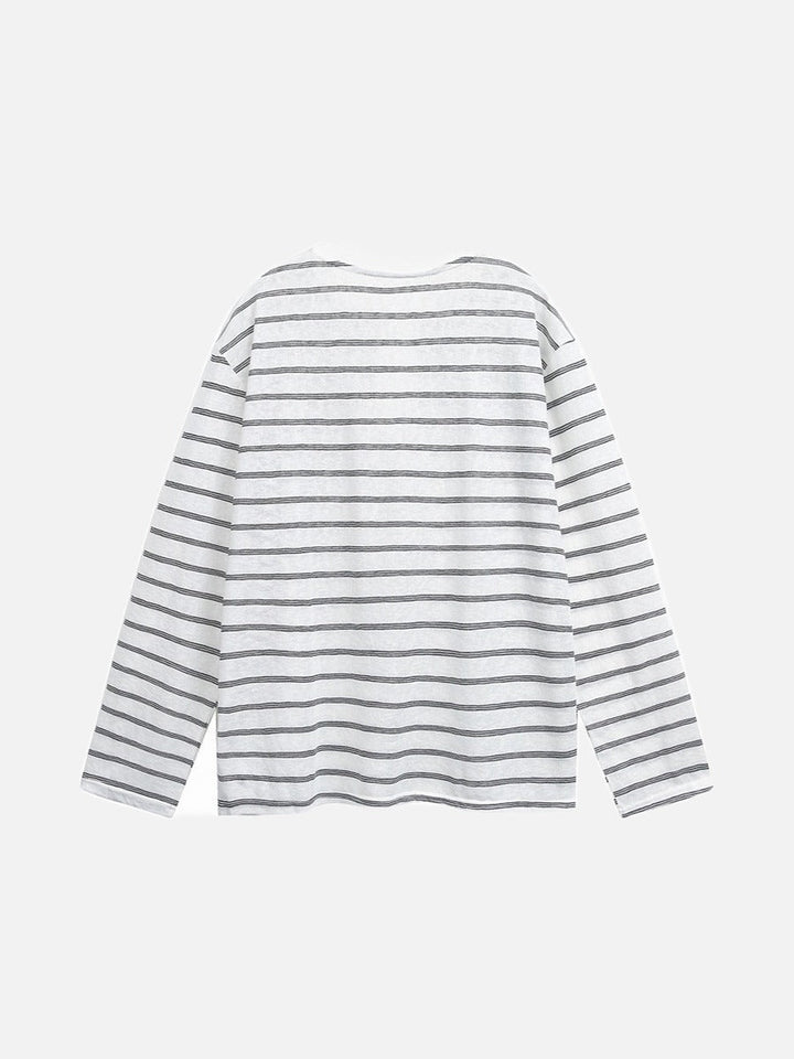 Men's white horizontal stripe Henley shirt shown from the back