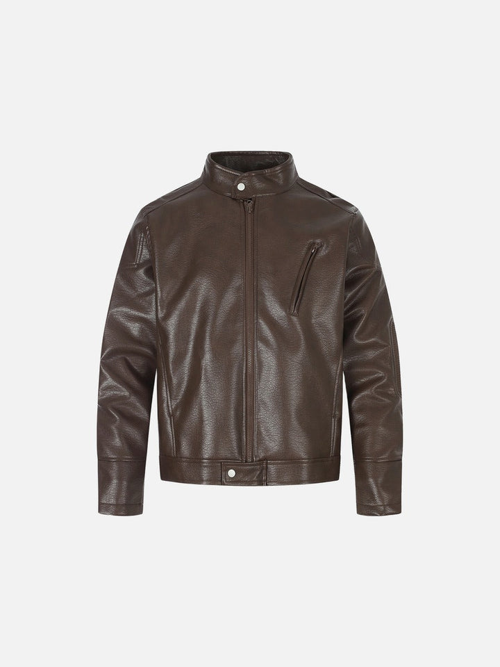 Men's brown faux leather biker jacket shown from the front