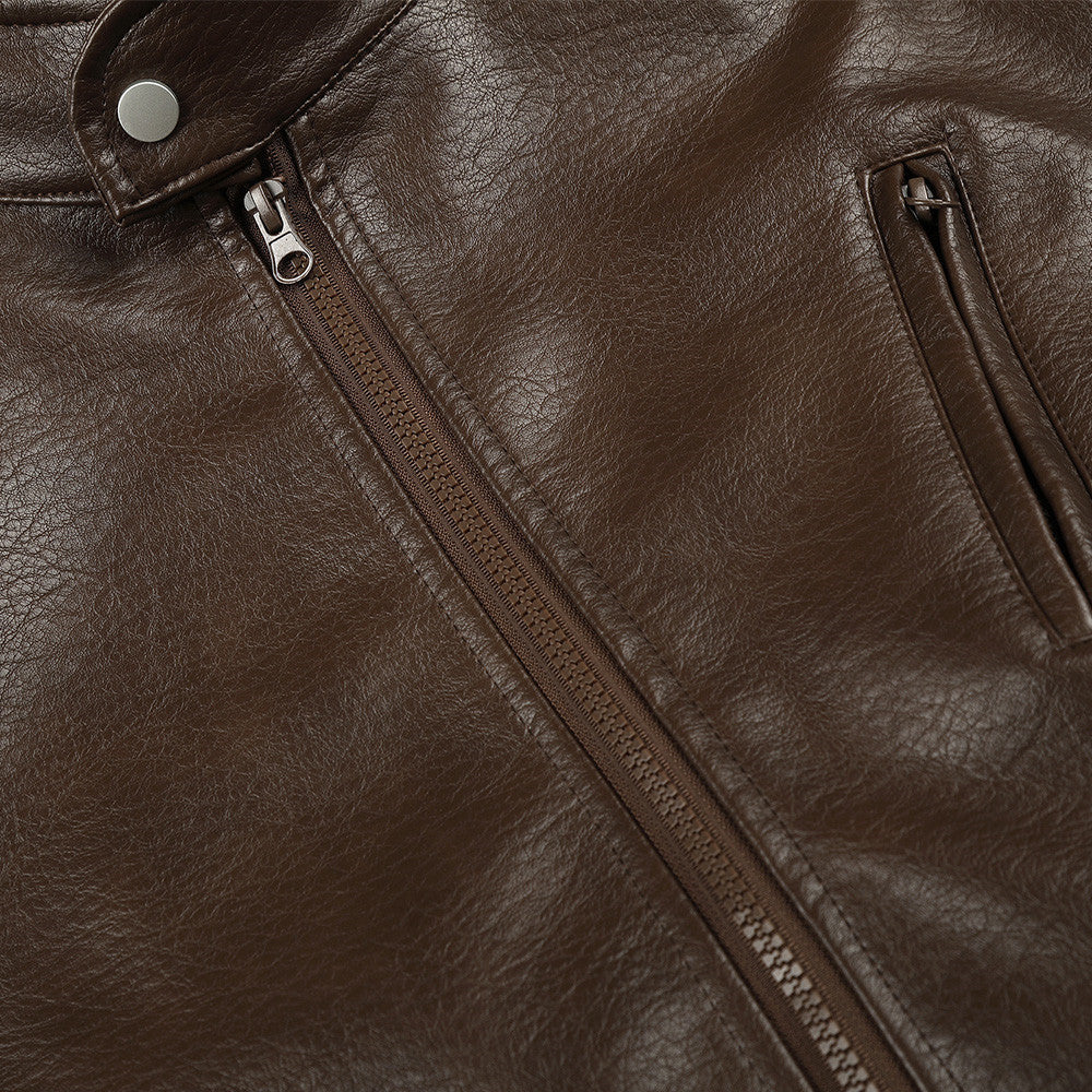 Brown faux leather biker jacket styled with casual clothing