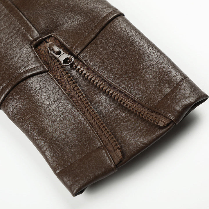 Side view of men's brown faux leather biker jacket