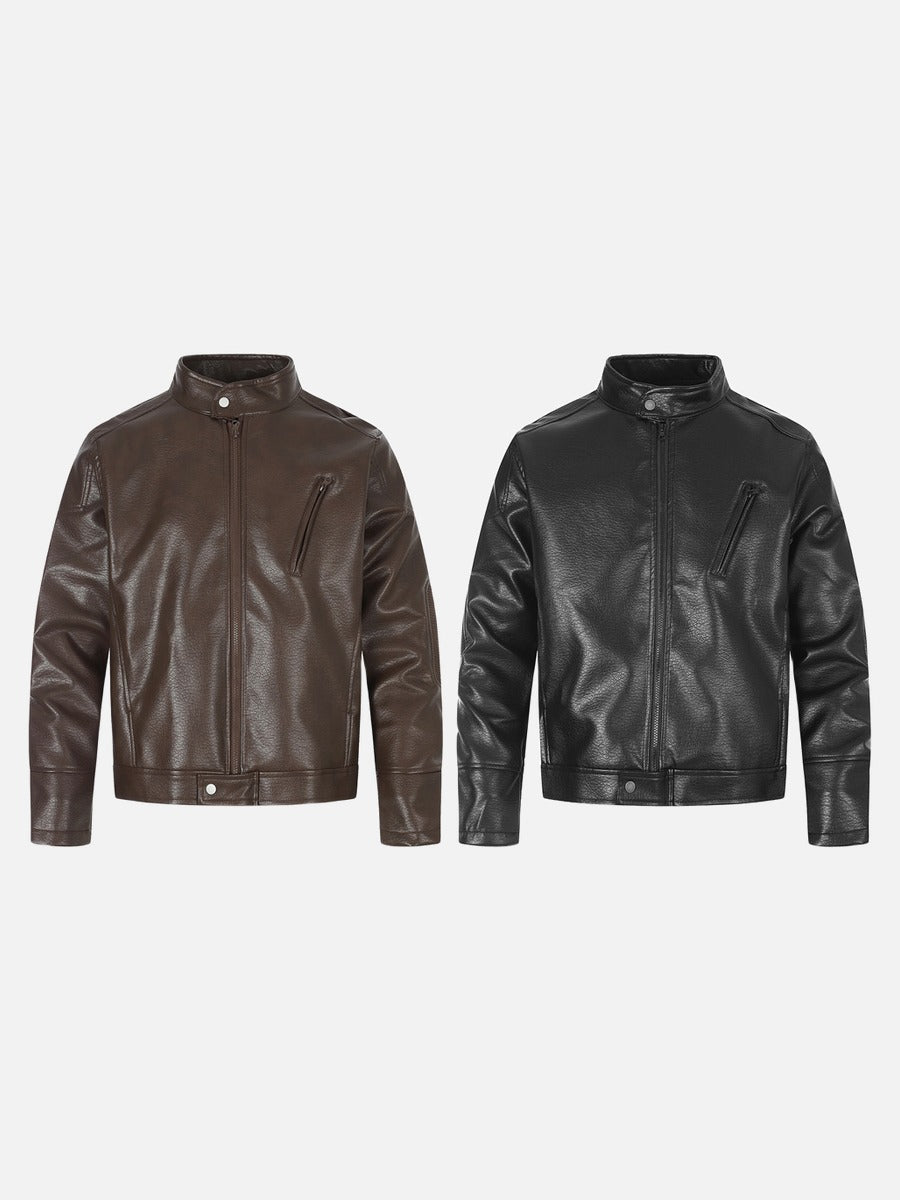 Detail of pockets on the men's brown biker jacket