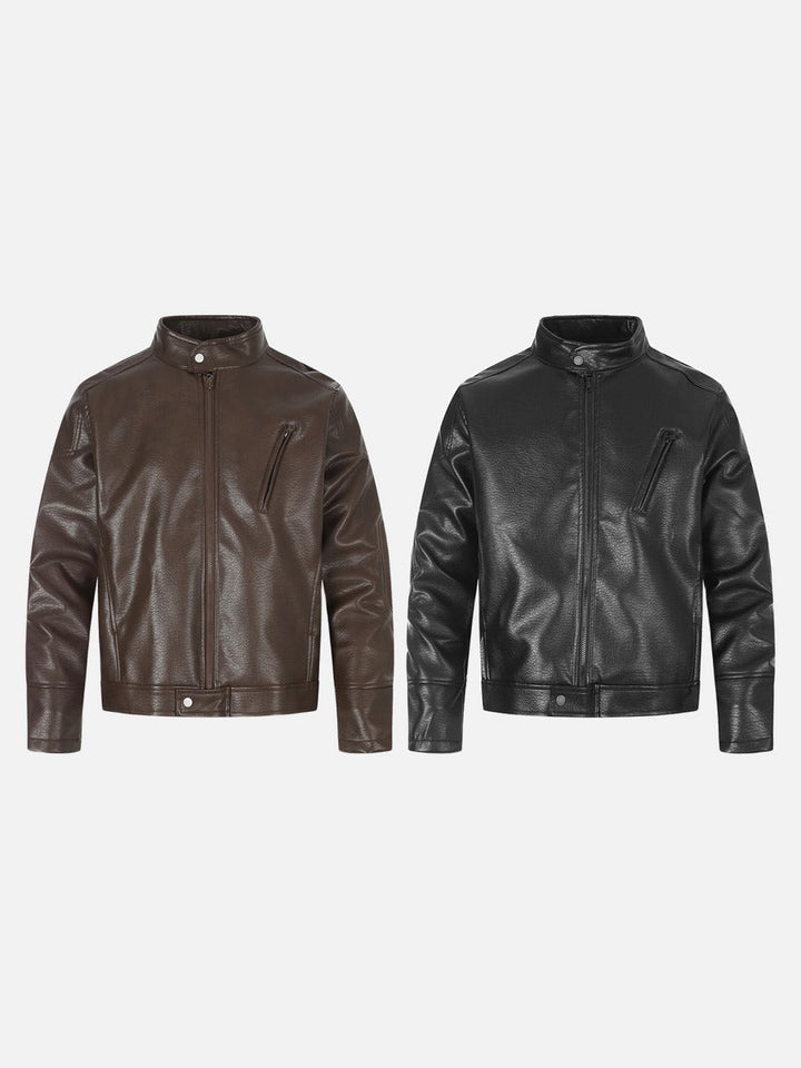Detail of pockets on the men's brown biker jacket