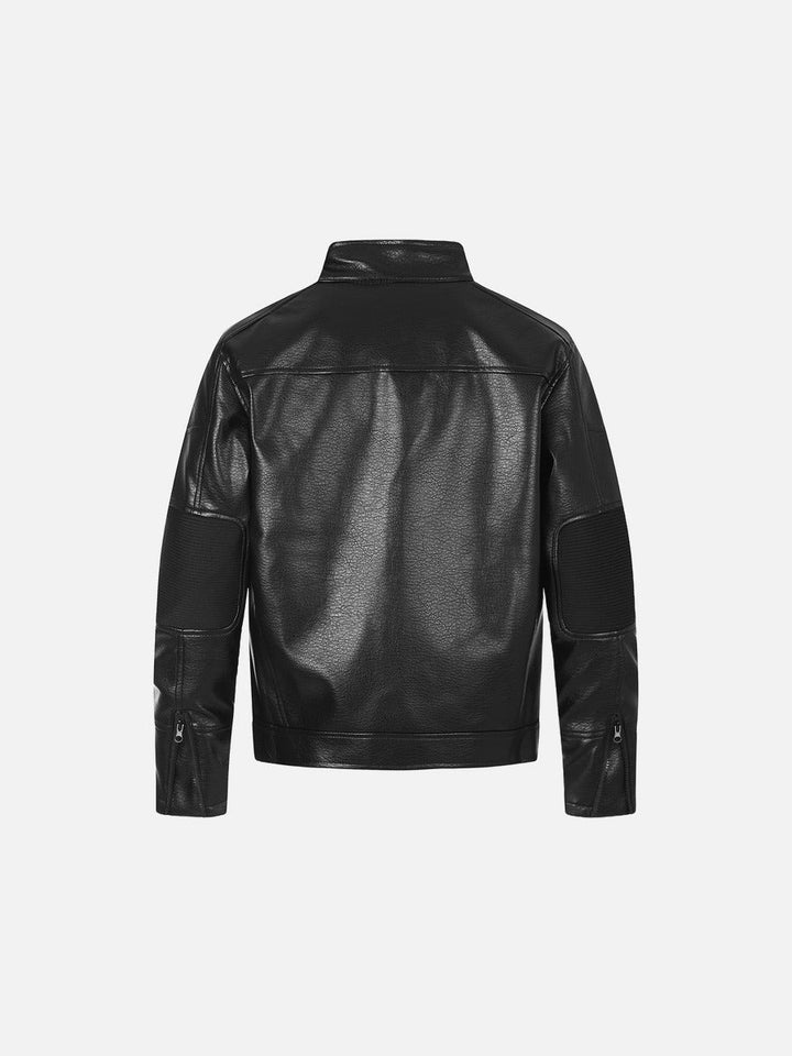 Men's brown faux leather biker jacket displayed in full