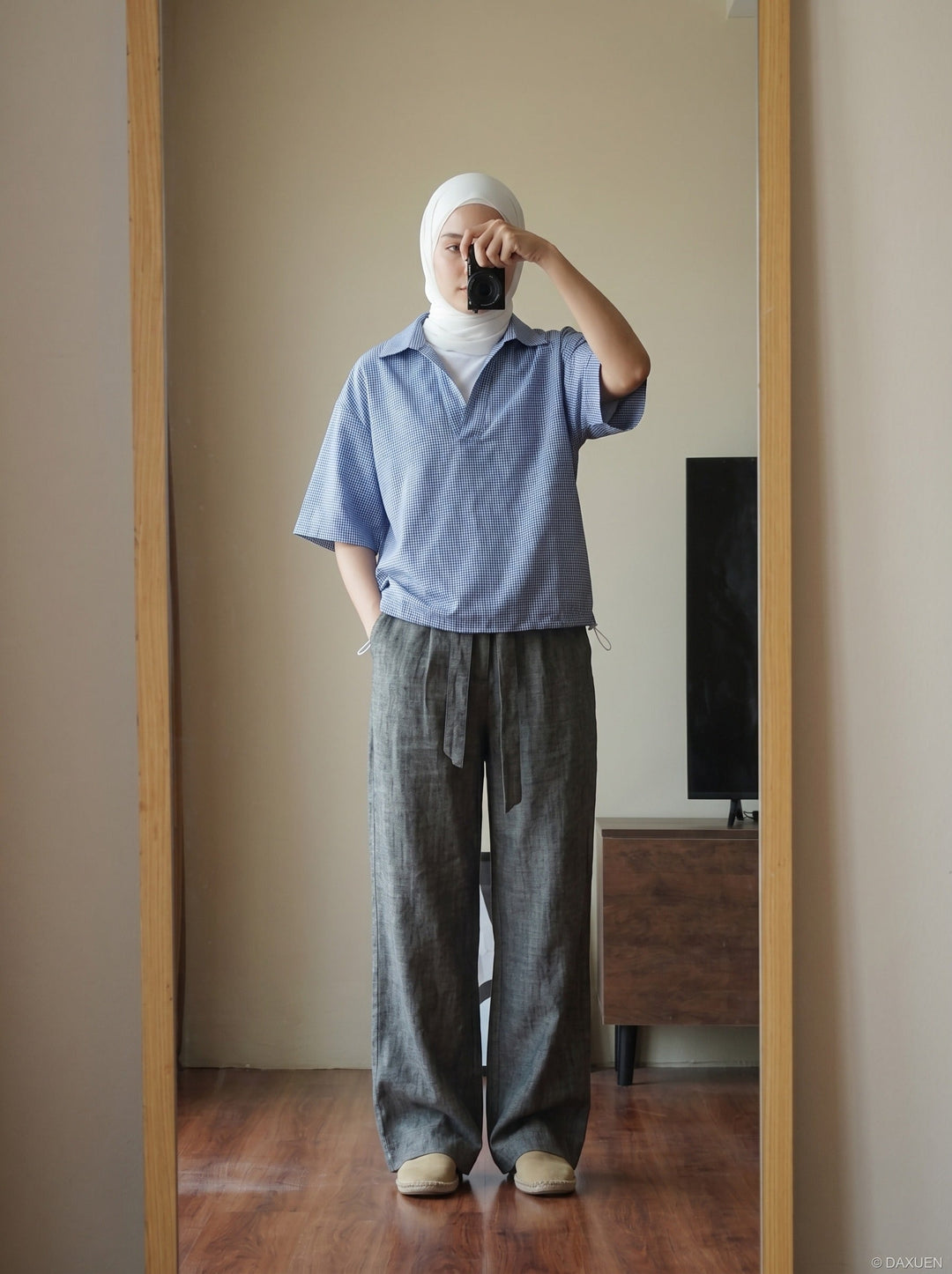 Men's blue and white check popover shirt back view