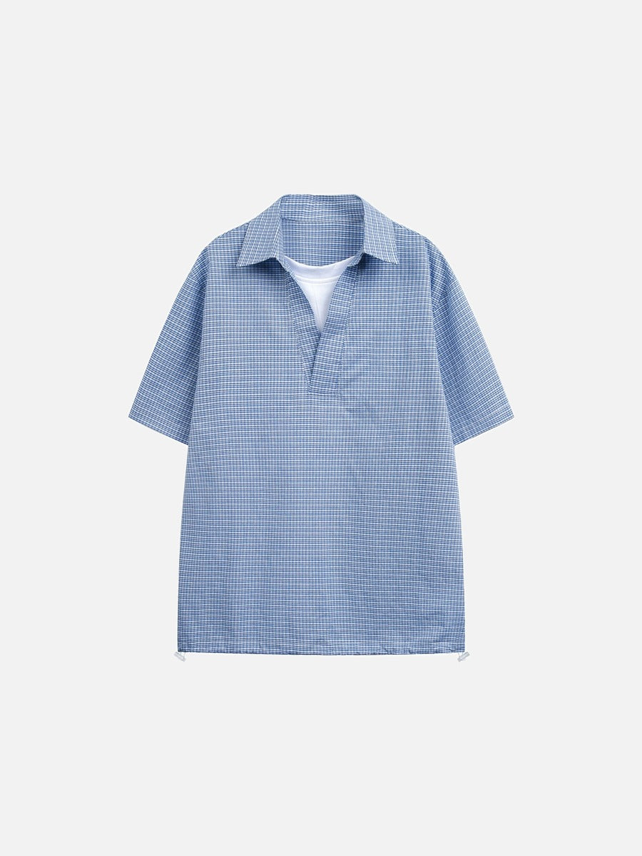 Men's blue and white gingham popover shirt front view