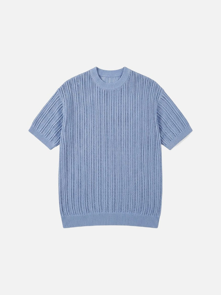 Men's open knit short sleeve top shown from the front