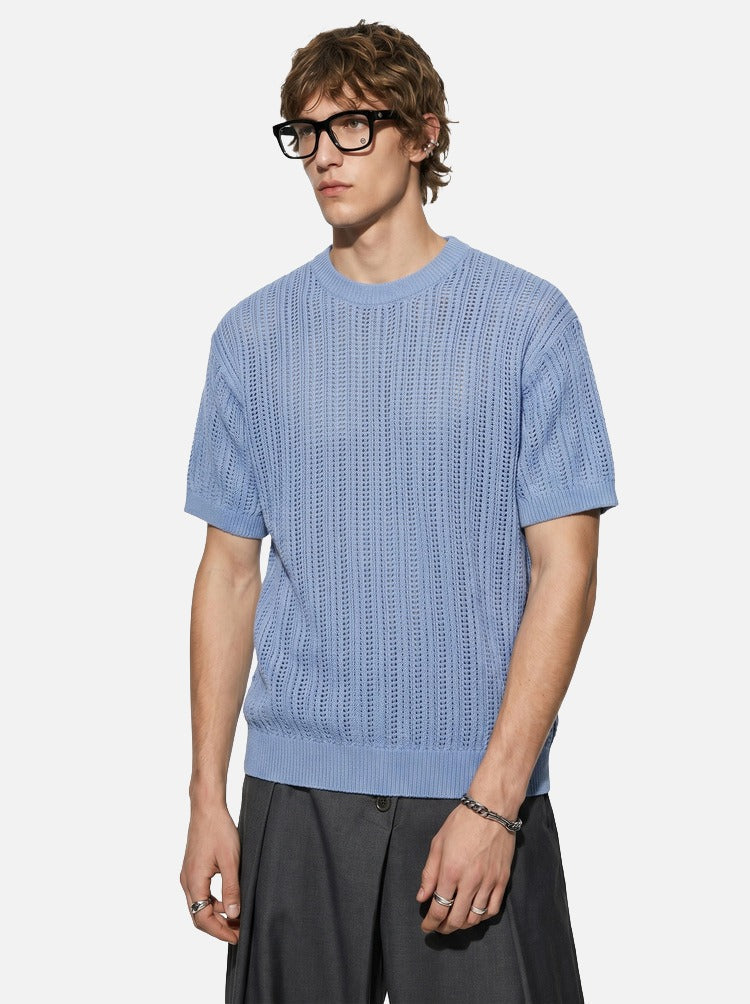 Close-up of the sleeve and knit pattern on the men's top