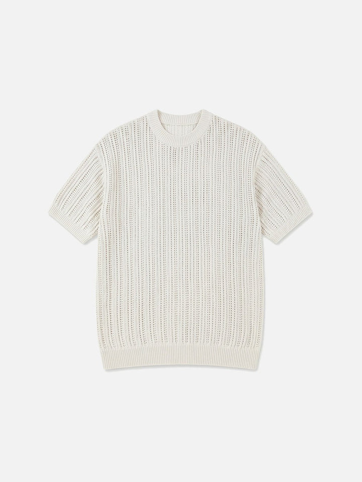 Close-up of the open-knit texture on the men's short sleeve top