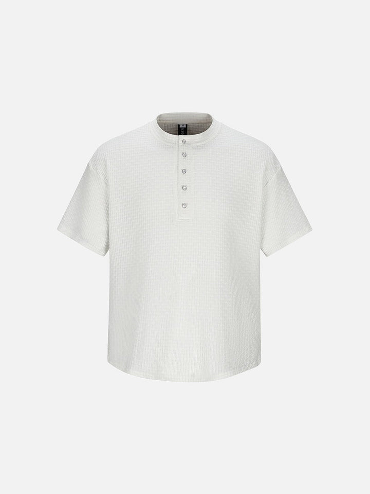 Men's band collar ribbed short sleeve shirt shown from the front