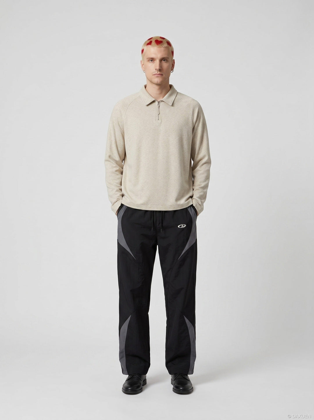 Men's half zip polo long sleeve T-shirt shown in a full-length view