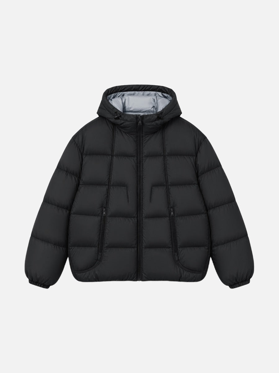 Men's contrast-lined oversized puffer jacket shown from the front