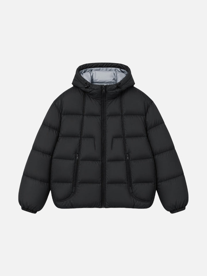 Men's contrast-lined oversized puffer jacket shown from the front