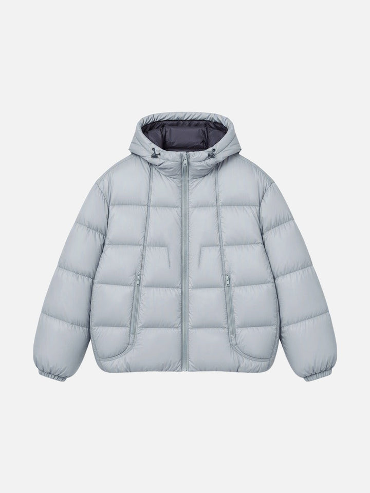 Men's puffer jacket showing the contrast lining and padded construction