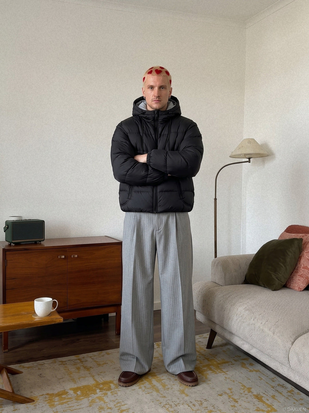 Side view of a men's oversized puffer jacket with practical outerwear styling
