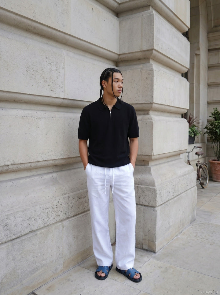 Folded men's diagonal texture knit polo shirt highlighting the zip neck