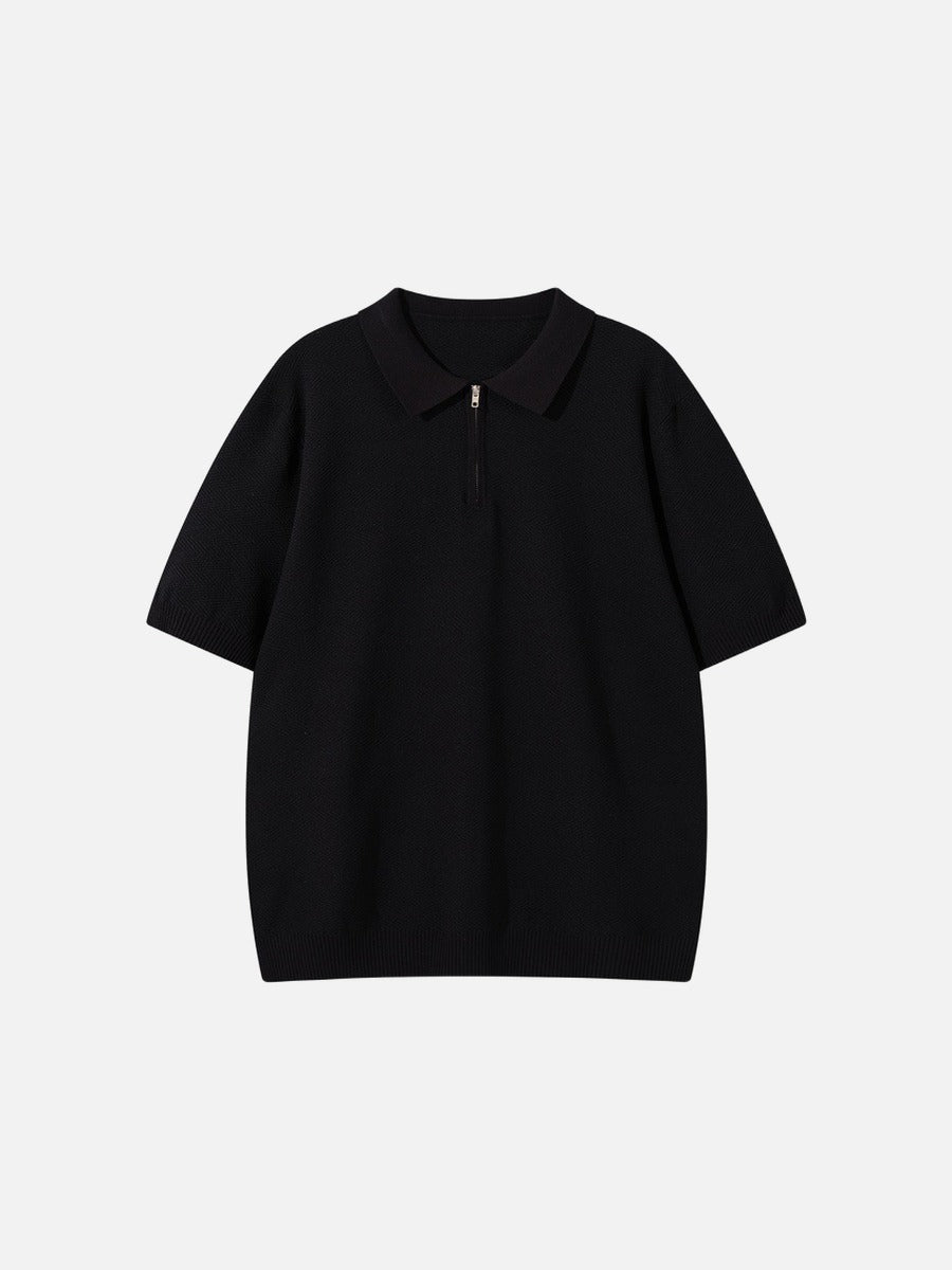 Men's textured knit polo shirt with quarter-zip neckline shown from the back