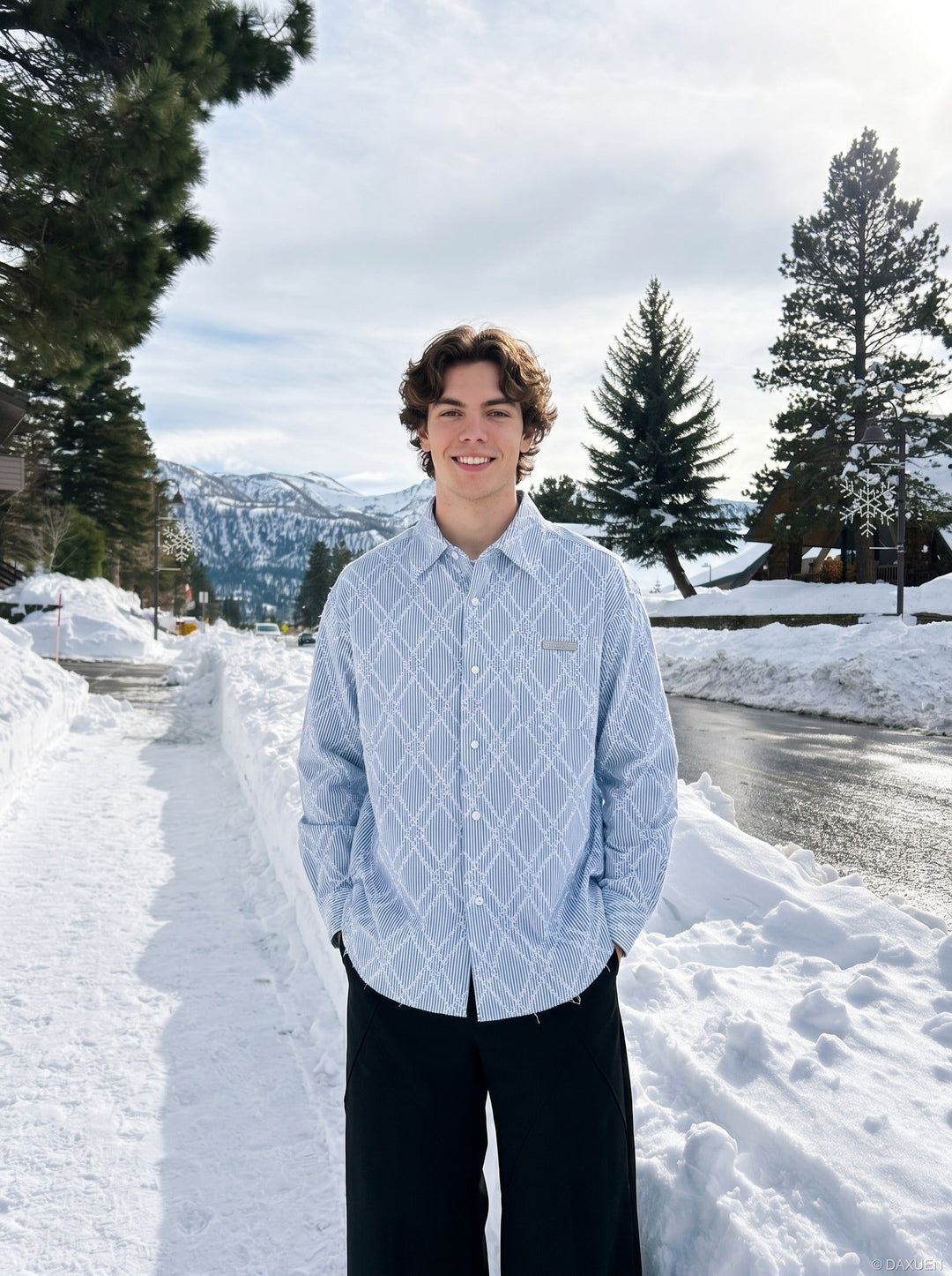 Men's button-up shirt showing geometric texture and pinstripe finish