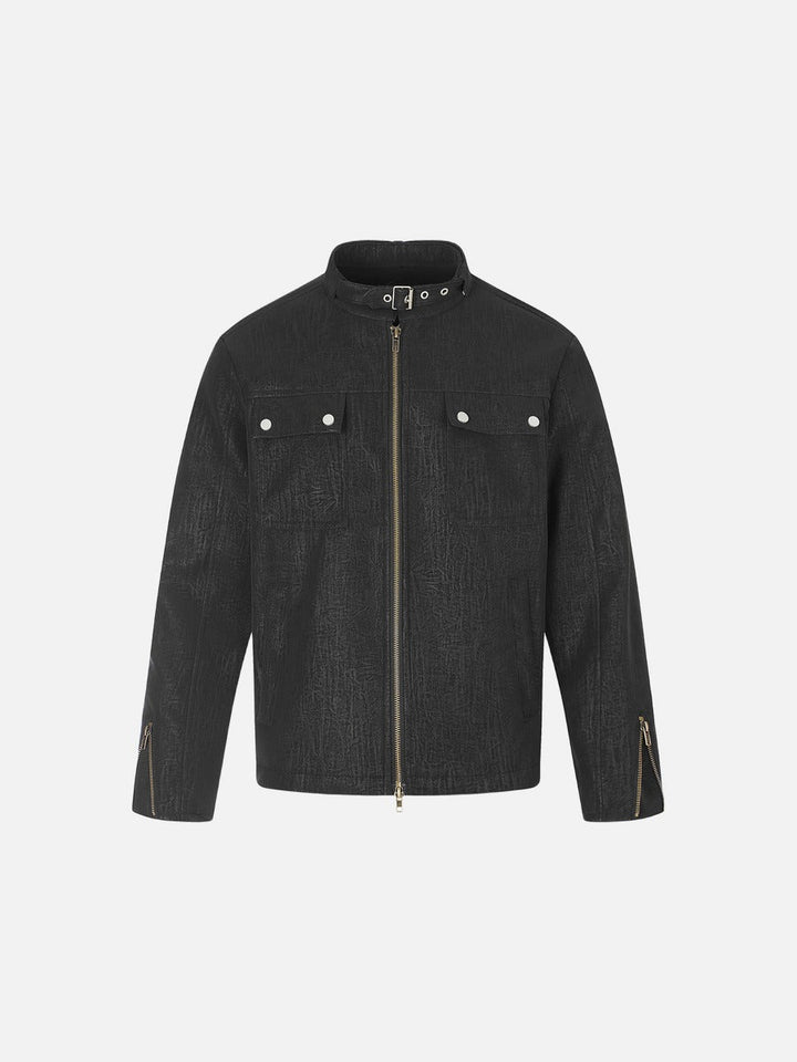 Men's brown boxy jacket displaying its distressed textured finish